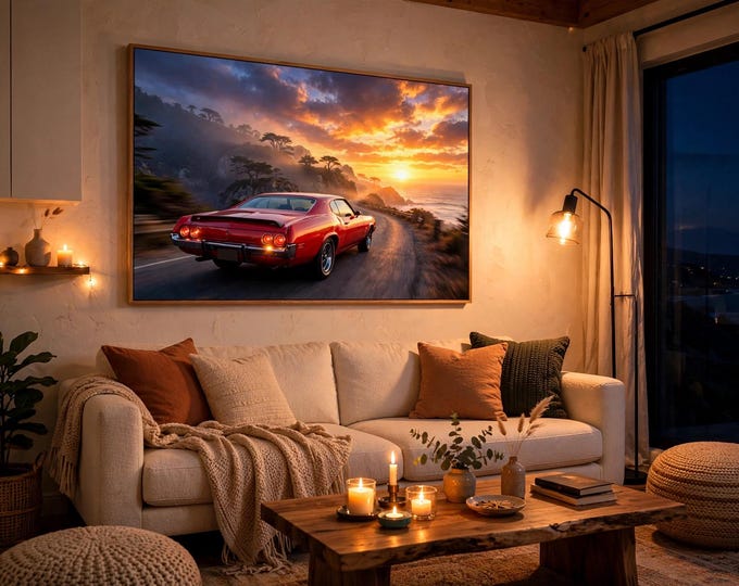 Classic Red Muscle Car Canvas Art, Sunset Coastal Drive Print, Man Cave Decor