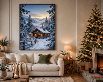 Snowy Mountain Cabin Canvas Art, Cozy Winter Landscape Print, Christmas Log Cabin Decor