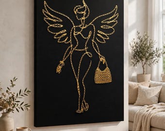 Gold Chain Angel Wall Art, Black Background Fashion Poster, Minimalist Line Art Print (Canvas)