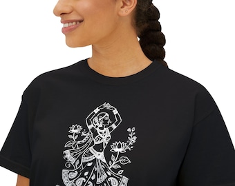 Indian Dancer Lotus Fine Line Graphic Tee, Pigment Dyed Cotton Shirt