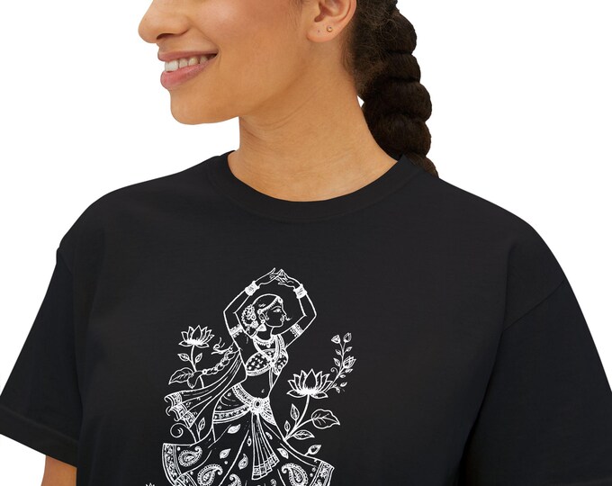 Indian Dancer Lotus Fine Line Graphic Tee, Pigment Dyed Cotton Shirt