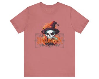 Pastel Goth Witch Skull Halloween T-Shirt, Watercolor Pumpkin Graphic Tee