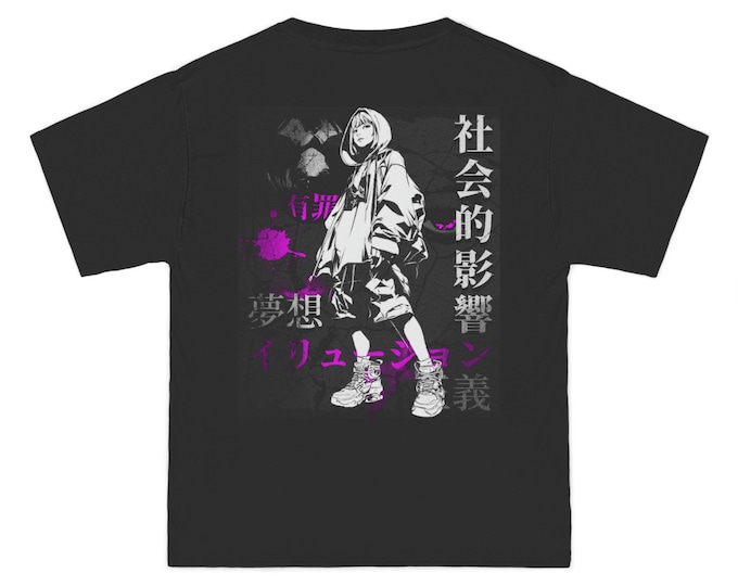 Cyberpunk Samurai Graphic Short Sleeve T-Shirt | Japanese Text, Neon Streetwear