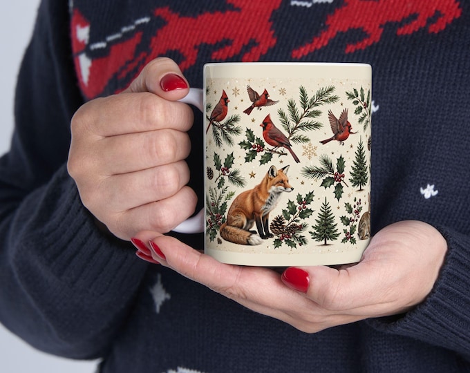 Winter Woodland Animals Ceramic Mug, Forest Deer Fox Rabbit Coffee Cup (11oz)