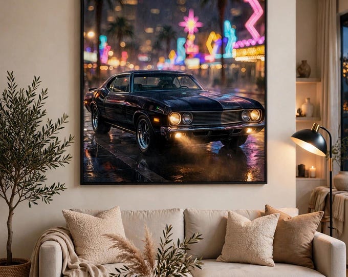 Black Muscle Car Rainy City Neon Canvas Print, Cyberpunk Retro Poster