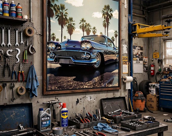 Vintage Lowrider Poster, California Palm Trees, Retro Blue Coupe (Satin Print)