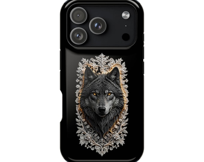 Gothic Wolf iPhone Case, Ornate Filigree Frame Phone Cover, Wildlife Art (BLACK)