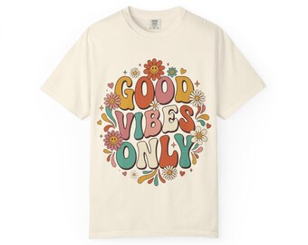 Good Vibes Only 70s Floral Smiley Face Tee, Retro Boho Cotton Shirt