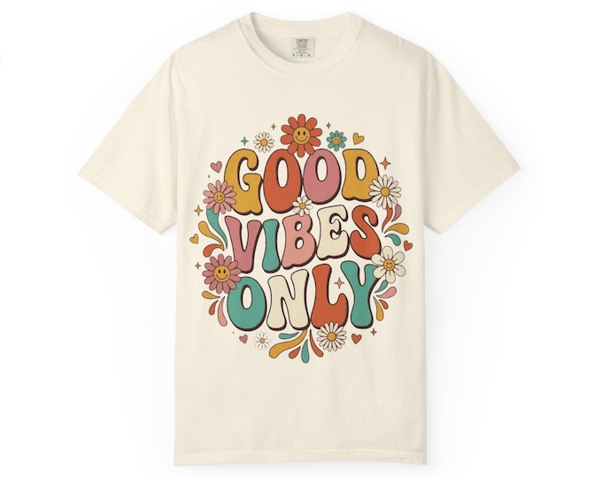 Good Vibes Only 70s Floral Smiley Face Tee, Retro Boho Cotton Shirt