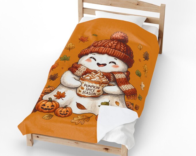 Pumpkin Spice Ghost Blanket | Cozy Halloween Velveteen Fall Decor (Instant Download)