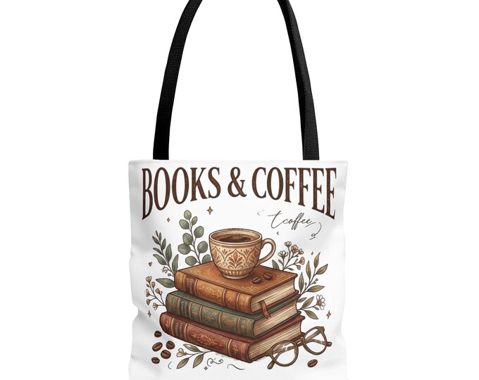 Books & Coffee Tote Bag, Sepia Illustration, Reader Aesthetic (100% Polyester)
