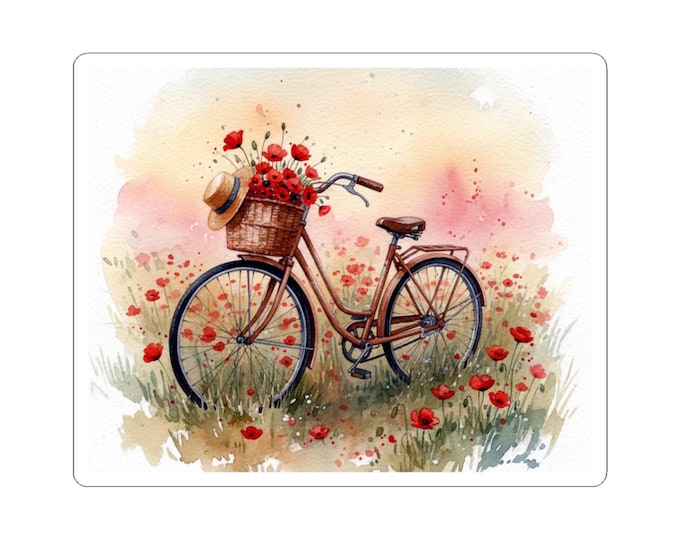 Vintage Bicycle with Poppies Kiss-Cut Sticker | Floral Watercolor