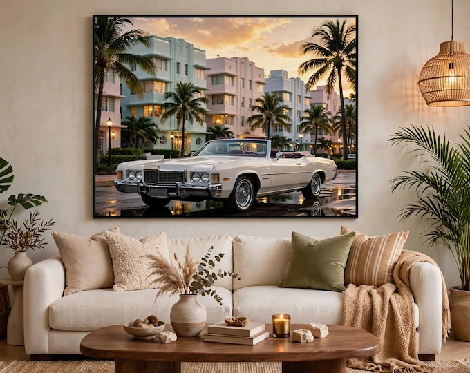 Miami Art Deco Convertible Car Canvas Print, Retro Ocean Drive Wall Art (Gallery Wrapped)