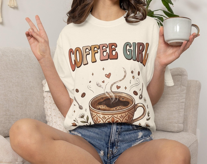 Vintage Coffee Girl Graphic Tee, Retro Ceramic Cup Art, Barista Apparel (100% Cotton)