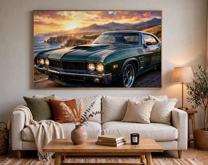 Vintage Muscle Car Canvas Art, Green Sunset Coastal Highway Landscape Print