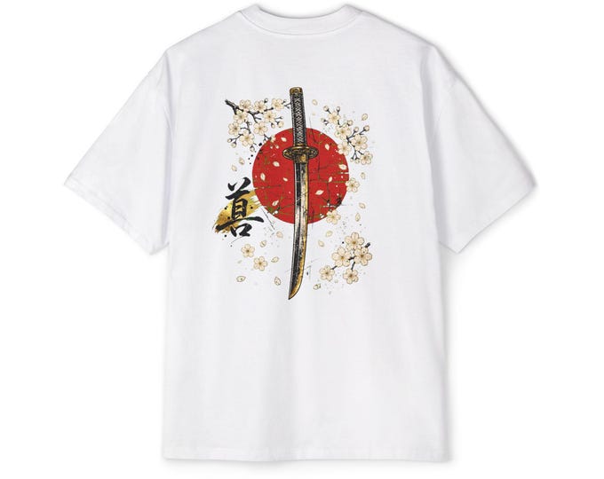 Japanese Katana Cherry Blossom Back Print Oversized Tee, Kanji Samurai Streetwear