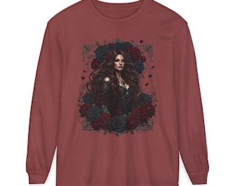 Gothic Rose Long Sleeve Shirt, Dark Romance Vampire Graphic Tee, Red Rose Witchy Sweatshirt, Goth Apparel, Gift for Her