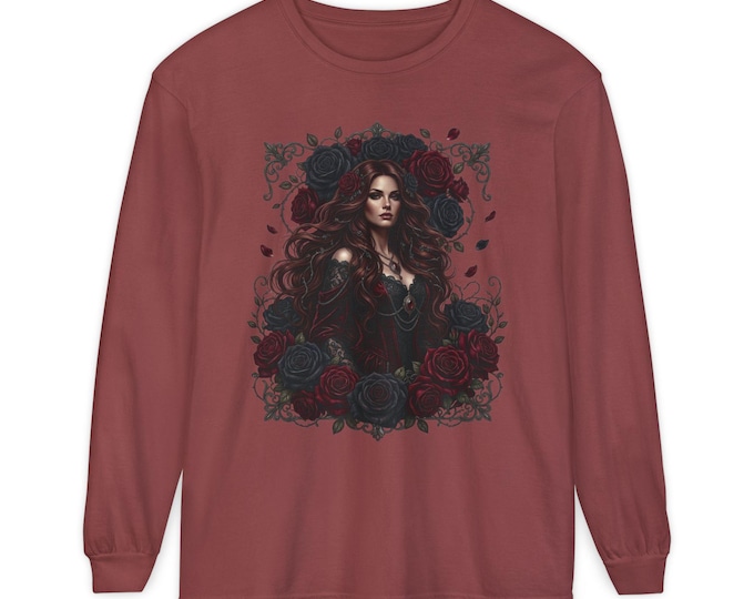Gothic Rose Long Sleeve Shirt, Dark Romance Vampire Graphic Tee, Red Rose Witchy Sweatshirt, Goth Apparel, Gift for Her