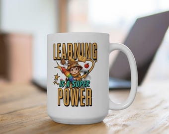 Wizard Mug, Learning Is A Super Power Ceramic Cup, Teacher Desk Decor, Librarian Coffee Mug