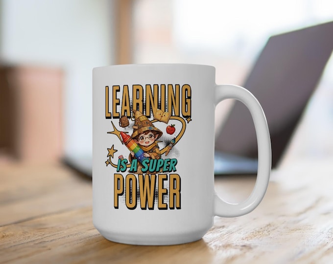 Wizard Mug, Learning Is A Super Power Ceramic Cup, Teacher Desk Decor, Librarian Coffee Mug