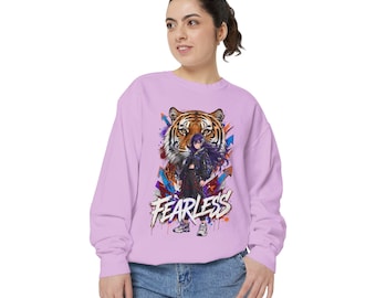 Anime Tiger Sweatshirt, Front & Back Print, Lilac Streetwear Crewneck (80/20 Cotton Blend)