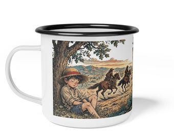 Wild West Enamel Camp Mug, Vintage Cowboy Wanted Poster, Western Town Panoramic Coffee Cup