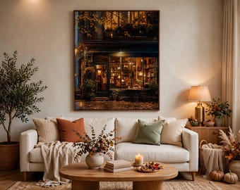 Cozy Rainy Bookstore Poster, Dark Academia Reading Nook Decor (Satin Print)