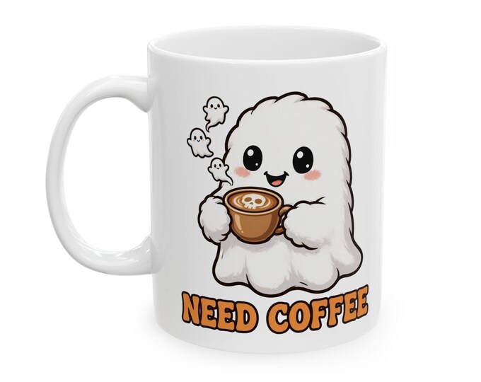 Ghost Coffee Mug – Spooky Halloween Ceramic Cup with "Need Coffee" Print