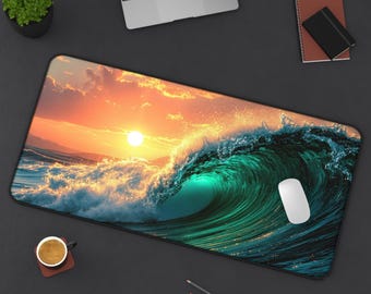 XL Ocean Wave Mouse Pad, Sunset Turquoise Gaming Desk Mat, Non-Slip Office Decor