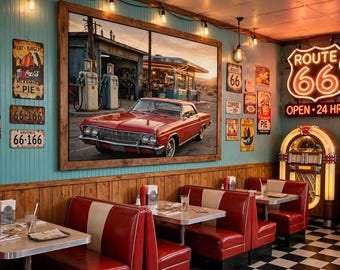 1960s Red Classic Car Poster, Vintage Gas Station Diner Art (Satin Print)