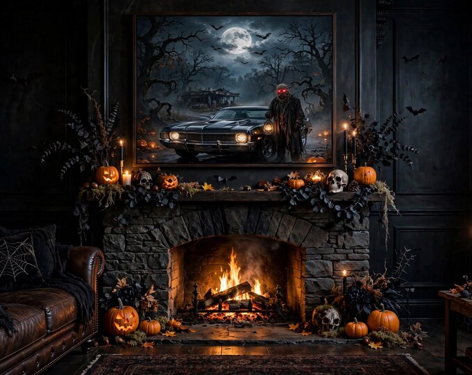 Spooky Halloween Muscle Car Poster, Gothic Scarecrow Night Art, Horror Garage Decor