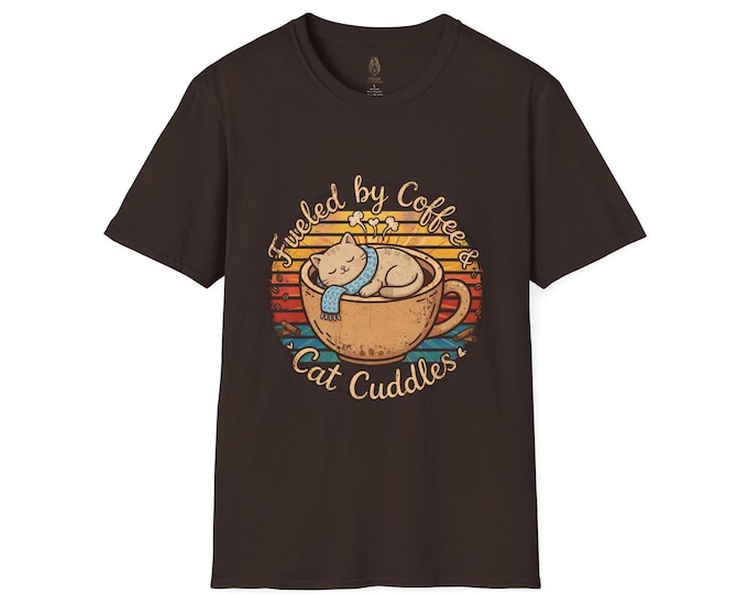 Cat Cuddles Coffee T-Shirt, Vintage Sunset Mom Graphic Tee, Retro Coffee Lover Shirt