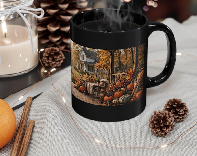 Autumn Cottage Mug, Rustic Farmhouse Pumpkin Porch Coffee Cup (15oz)