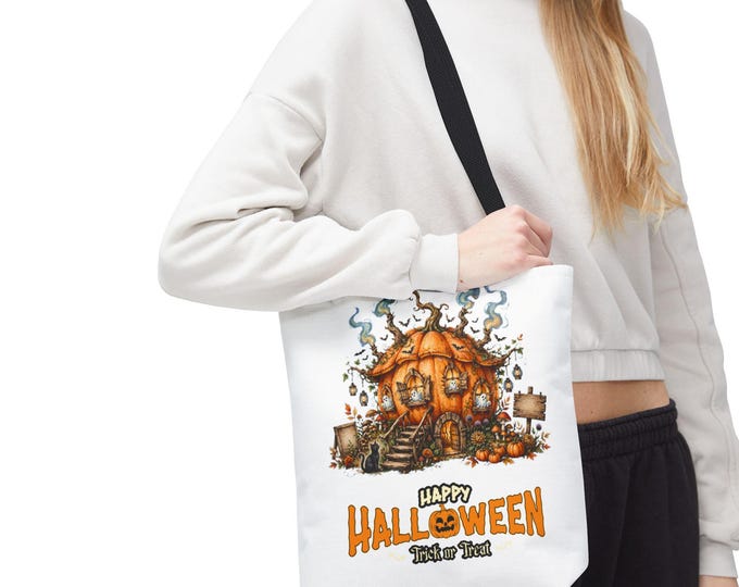 Storybook Pumpkin Cottage Halloween Tote Bag, Whimsical Autumn Spooky Season Canvas Bag