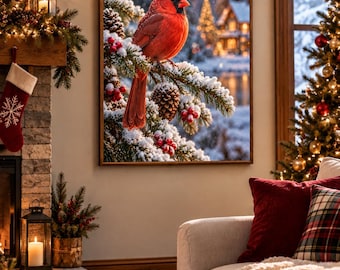 Red Cardinal Winter Poster, Snowy Christmas Cottage Wall Art, Holiday Cabin Decor