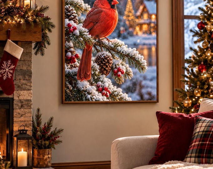 Red Cardinal Winter Poster, Snowy Christmas Cottage Wall Art, Holiday Cabin Decor