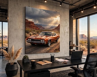Classic Muscle Car Desert Canyon Canvas Print, Route 66 Automotive Wall Art