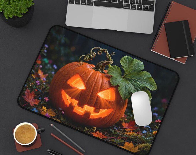 Glowing Jack-o'-Lantern Pumpkin Desk Mat, Spooky Autumn Mousepad (XL)