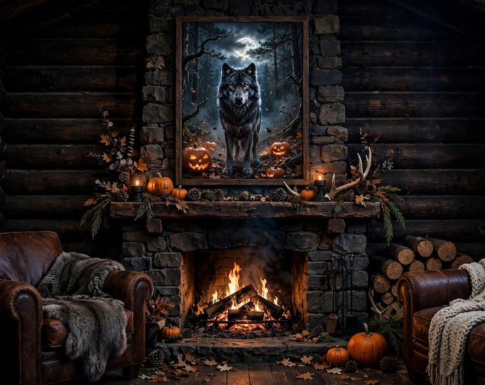 Mystic Wolf Halloween Poster, Gothic Forest Full Moon Wall Art (300gsm Satin)