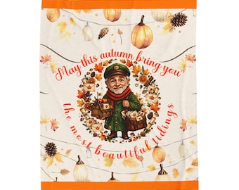 Plush Velveteen Autumn Postman Blanket, Cottagecore Fall Throw, Magical Forest Mailman Design