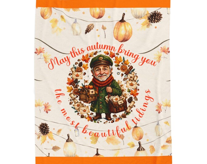 Plush Velveteen Autumn Postman Blanket, Cottagecore Fall Throw, Magical Forest Mailman Design