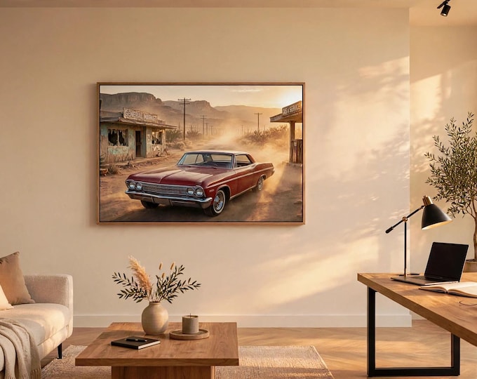 Vintage Red Coupe Desert Sunset Canvas Print, Route 66 Ghost Town Wall Art