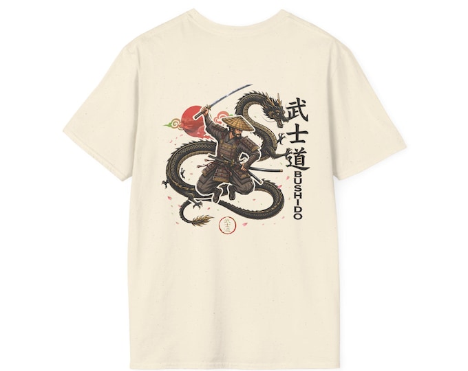 Bushido Samurai Dragon Back Print T-Shirt, Japanese Warrior Streetwear Tee