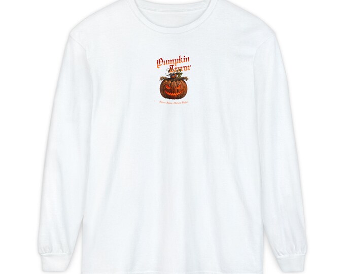 Pumpkin Scarecrow Long Sleeve Shirt, Dual-Sided Horror Print, Garment-Dyed Cotton