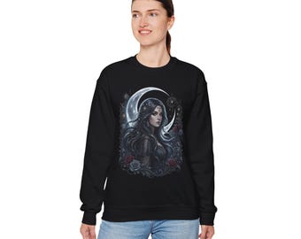 Gothic Moon Goddess Sweatshirt, Dark Fantasy Witchy Crewneck, Celestial Crescent Moon Jumper
