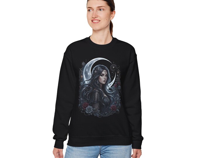 Gothic Moon Goddess Sweatshirt, Dark Fantasy Witchy Crewneck, Celestial Crescent Moon Jumper