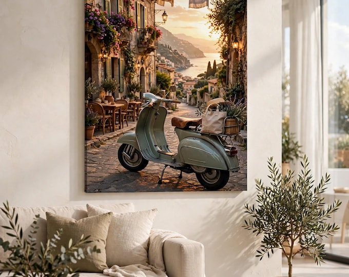 Vintage Italian Scooter Watercolor Poster, Amalfi Coast Sunset, Mediterranean Village Art (285gsm Paper)