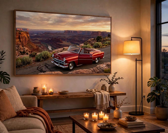 Classic Red Convertible Desert Sunset Canvas Print, Automotive Canyon Wall Art