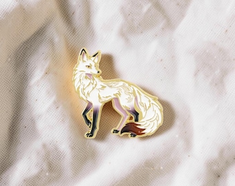White Nine Tailed Fox Enamel Pin, Fantasy Fox Brooch, Woodland Animal Badge, Gold Outline Backpack Pin Gift