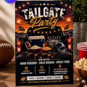 May include: A rectangular flyer for a Tailgate Party featuring a truck bed with a cooler, football, snacks, and drinks. The text includes event details for Saturday, October 26, 2026, at 4:00 PM at The Wilson's Home, 123 Touchdown Drive, Game City, ST 12345.